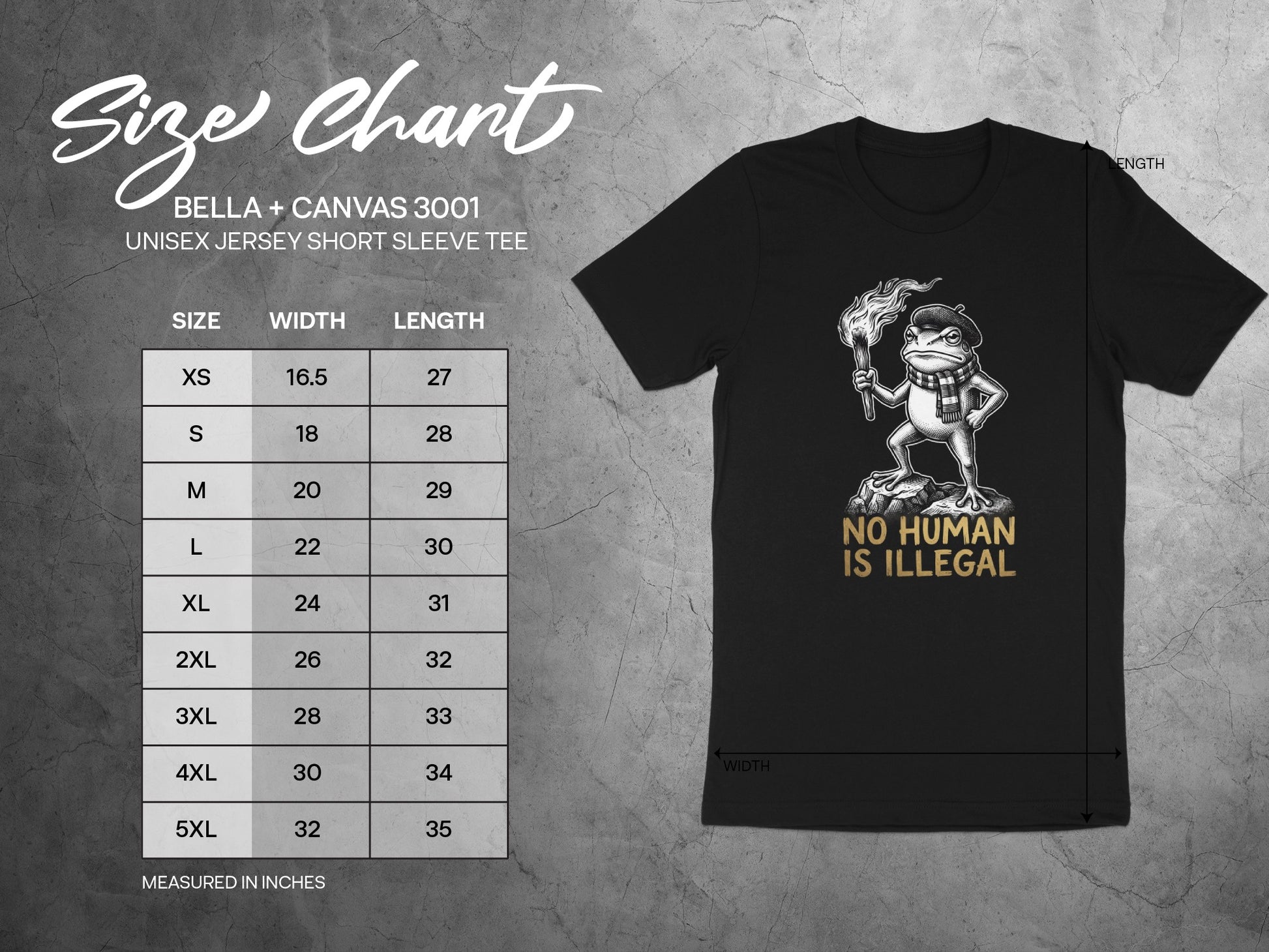 Size chart for Bella+Canvas 3001 tee with "No Human Is Illegal" graphic.