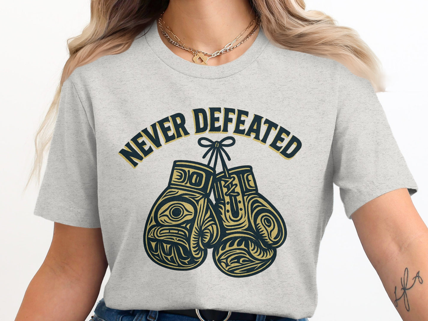 Never Defeated Graphic Print Boxing Gloves T-shirt product