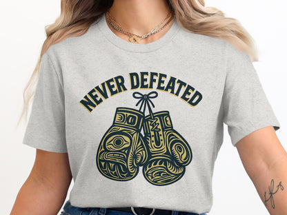 Never Defeated Graphic Print Boxing Gloves T-shirt product