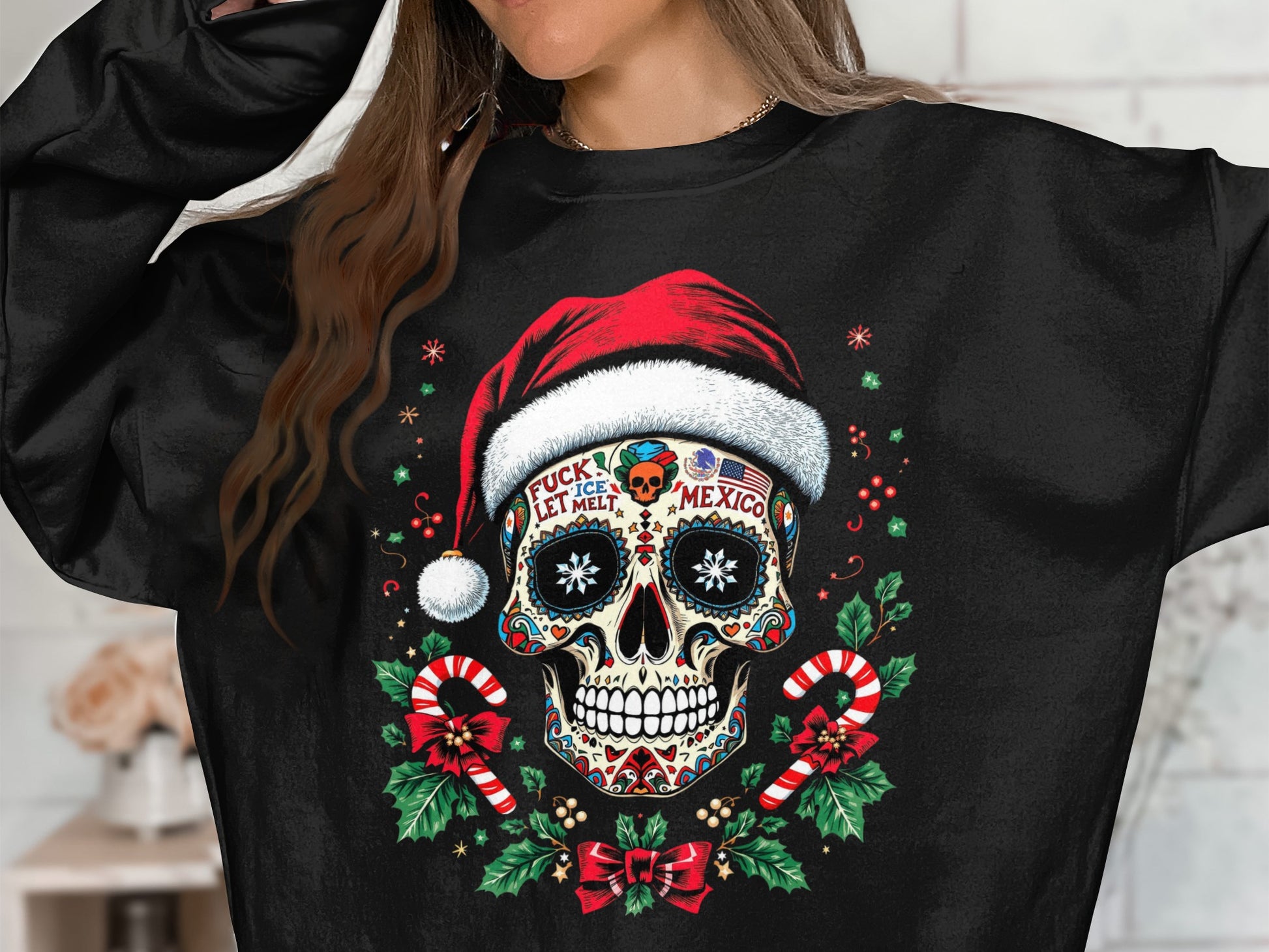 Santa Hat Skull Design with Candy Canes Sweatshirt
