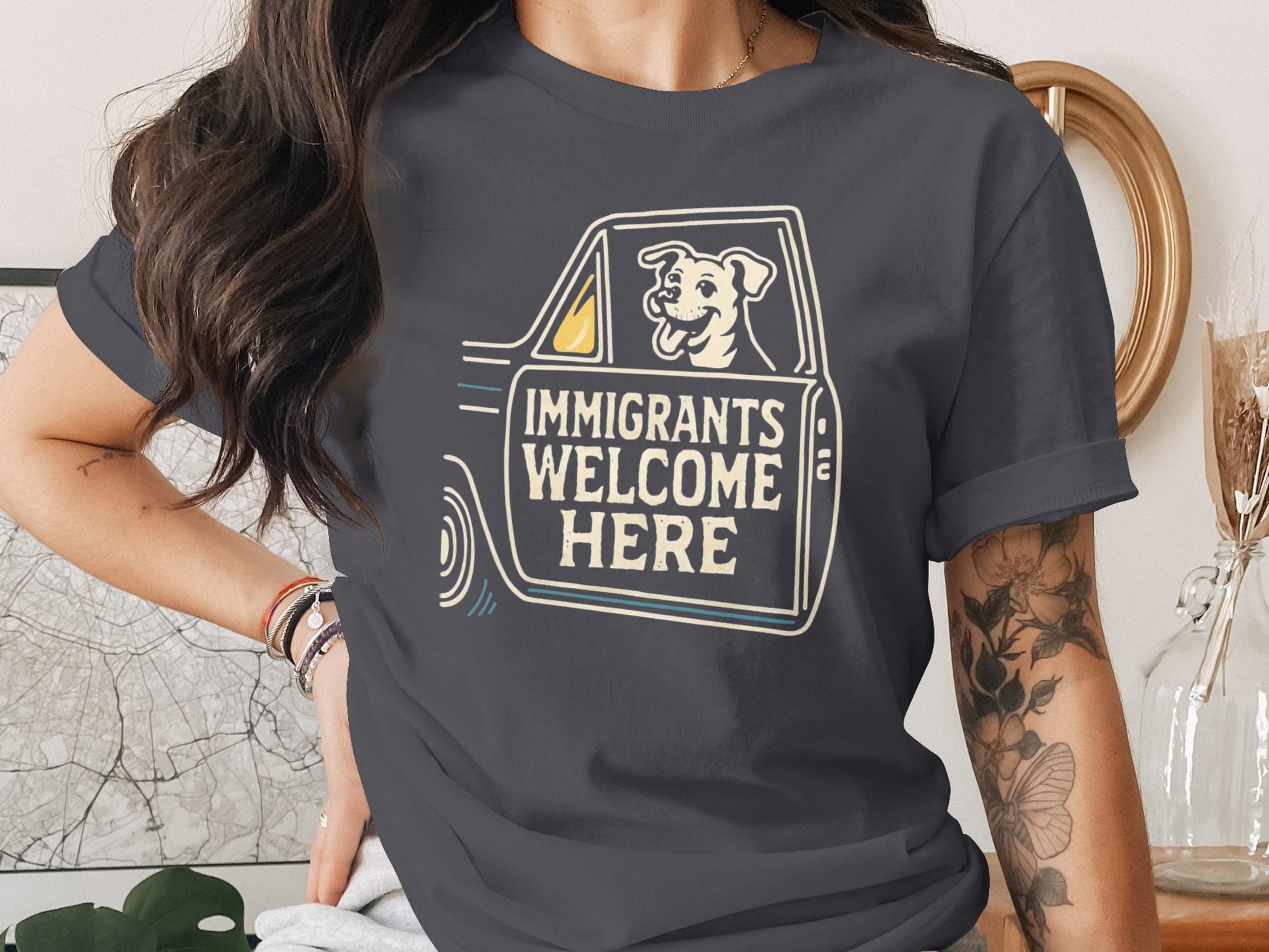 Immigrants Welcome Here Graphic Novelty Tee Shirt