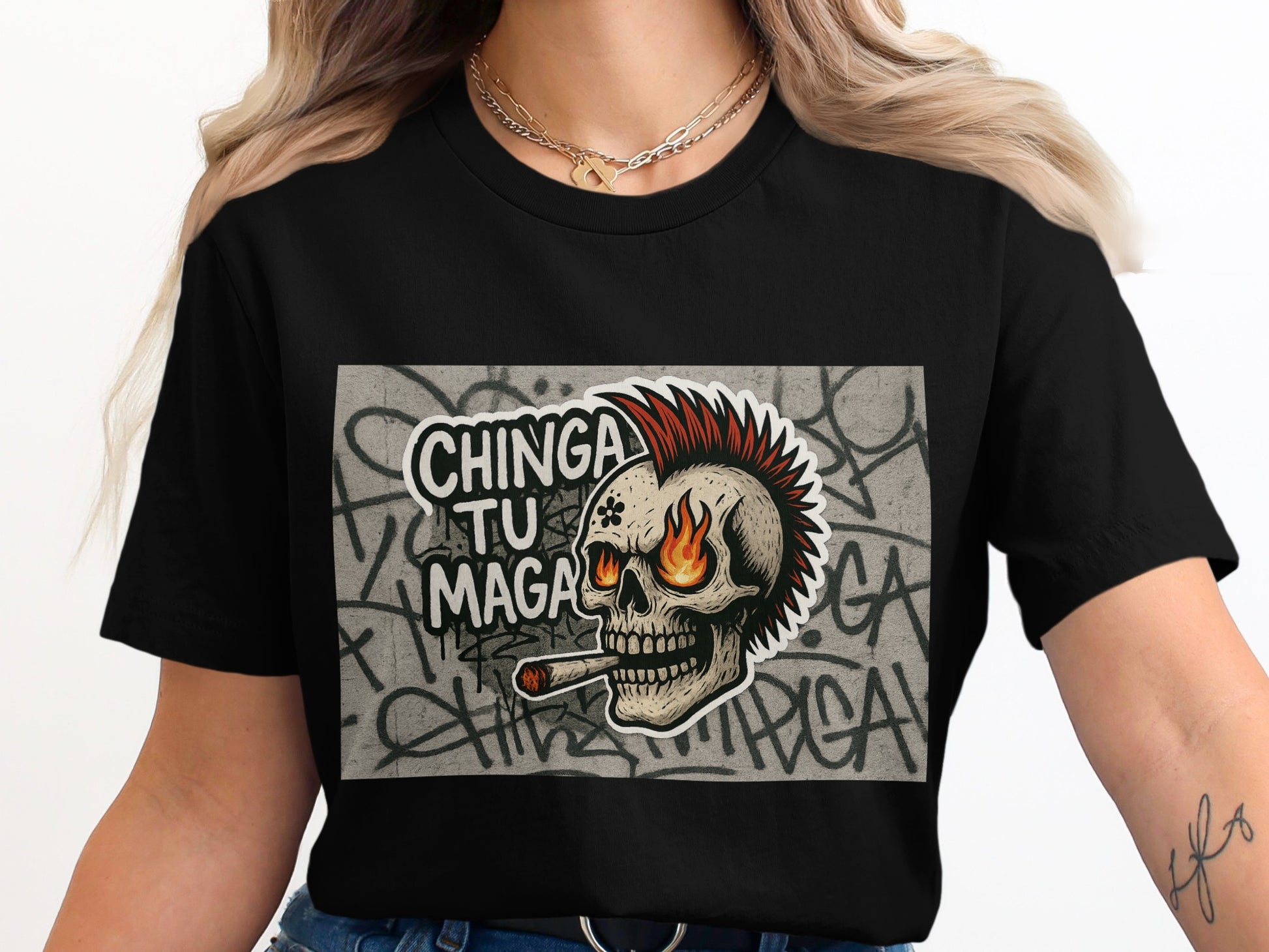 Punk Rock Flaming Skull Graphic Tee Shirt product