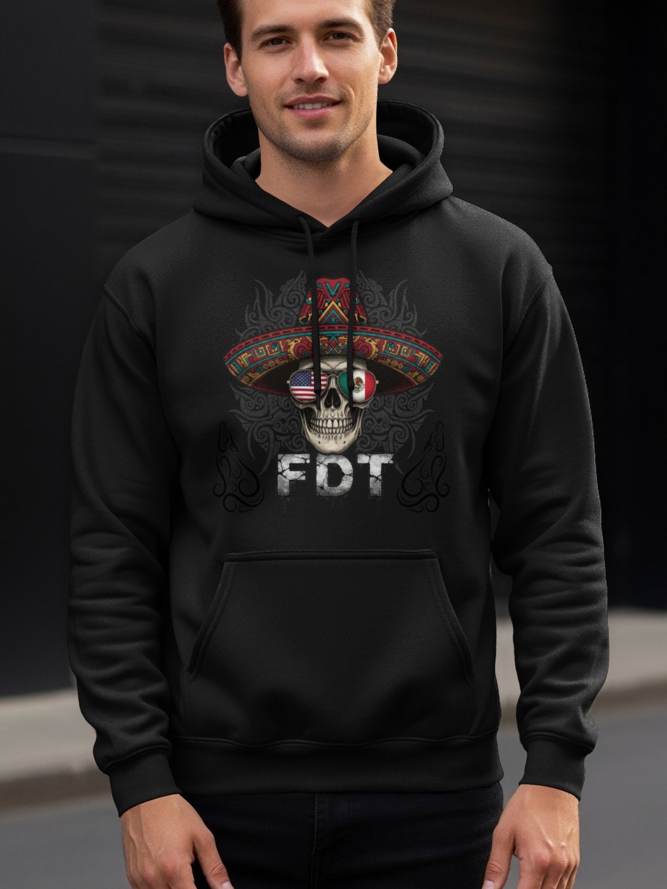 Skull Design Black Hoodie with FDT Text Sweatshirt