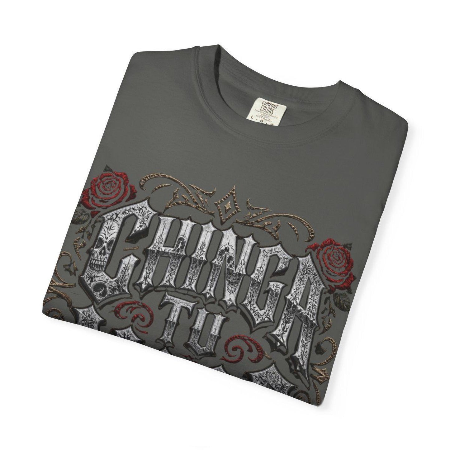 a gray t-shirt with a decorative design on the front.