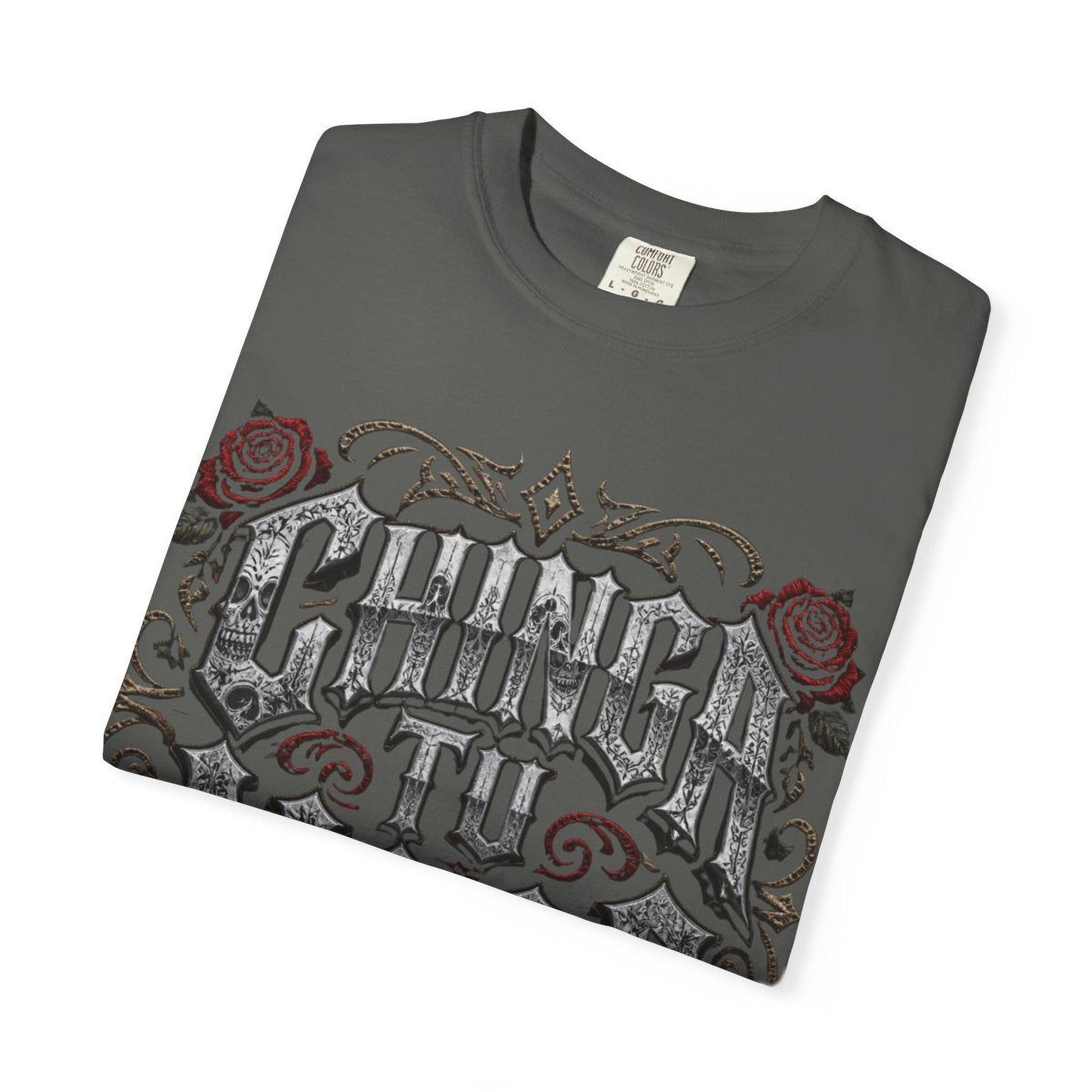 a gray t-shirt with a decorative design on the front.