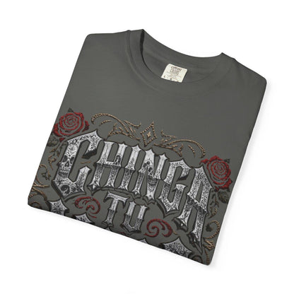 a gray t-shirt with a decorative design on the front.