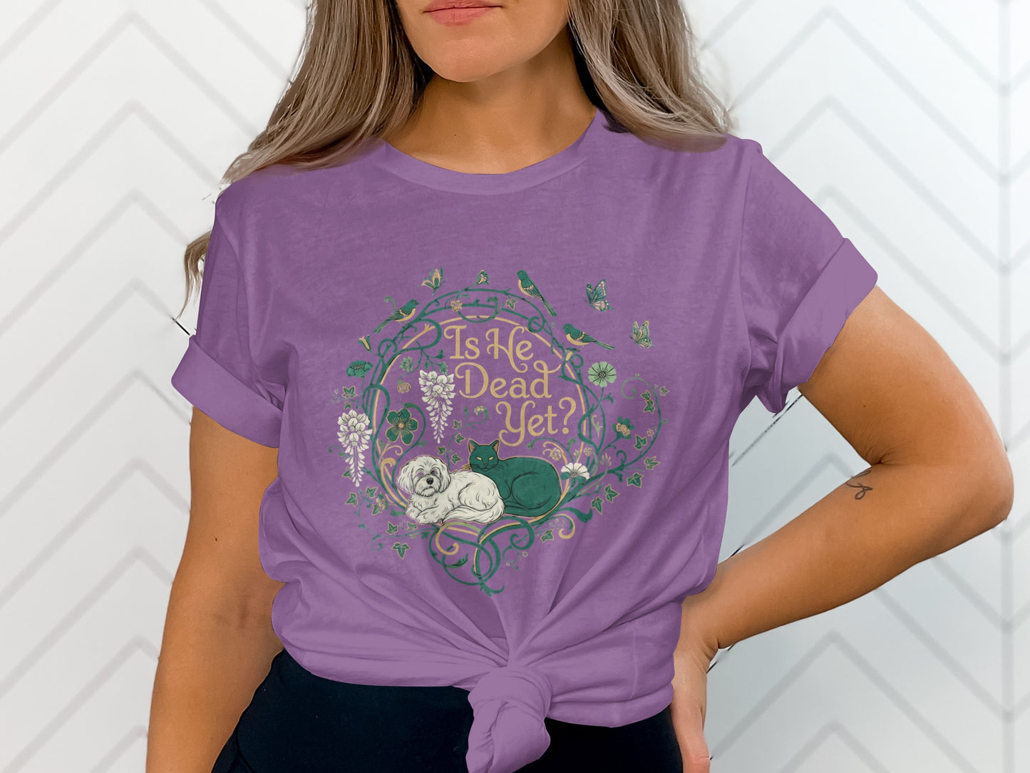 Is He Dead Yet Butterfly Cat Design T-Shirt