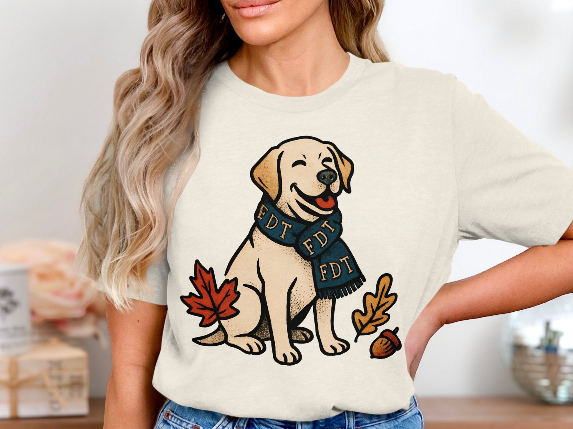 Happy Dog Wearing FDT Scarf with Autumn Leaves Shirt