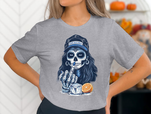 Gothic Skull Illustration T-Shirt with Orange Slice Design