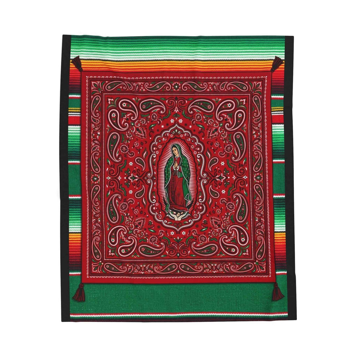 Our Lady of Guadalupe Bandana Paisley Serape Blankets, Mexican Virgin Mary Spiritual Art, Red Green Cultural Decor Throw Blankets