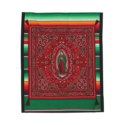 Our Lady of Guadalupe Bandana Paisley Serape Blankets, Mexican Virgin Mary Spiritual Art, Red Green Cultural Decor Throw Blankets