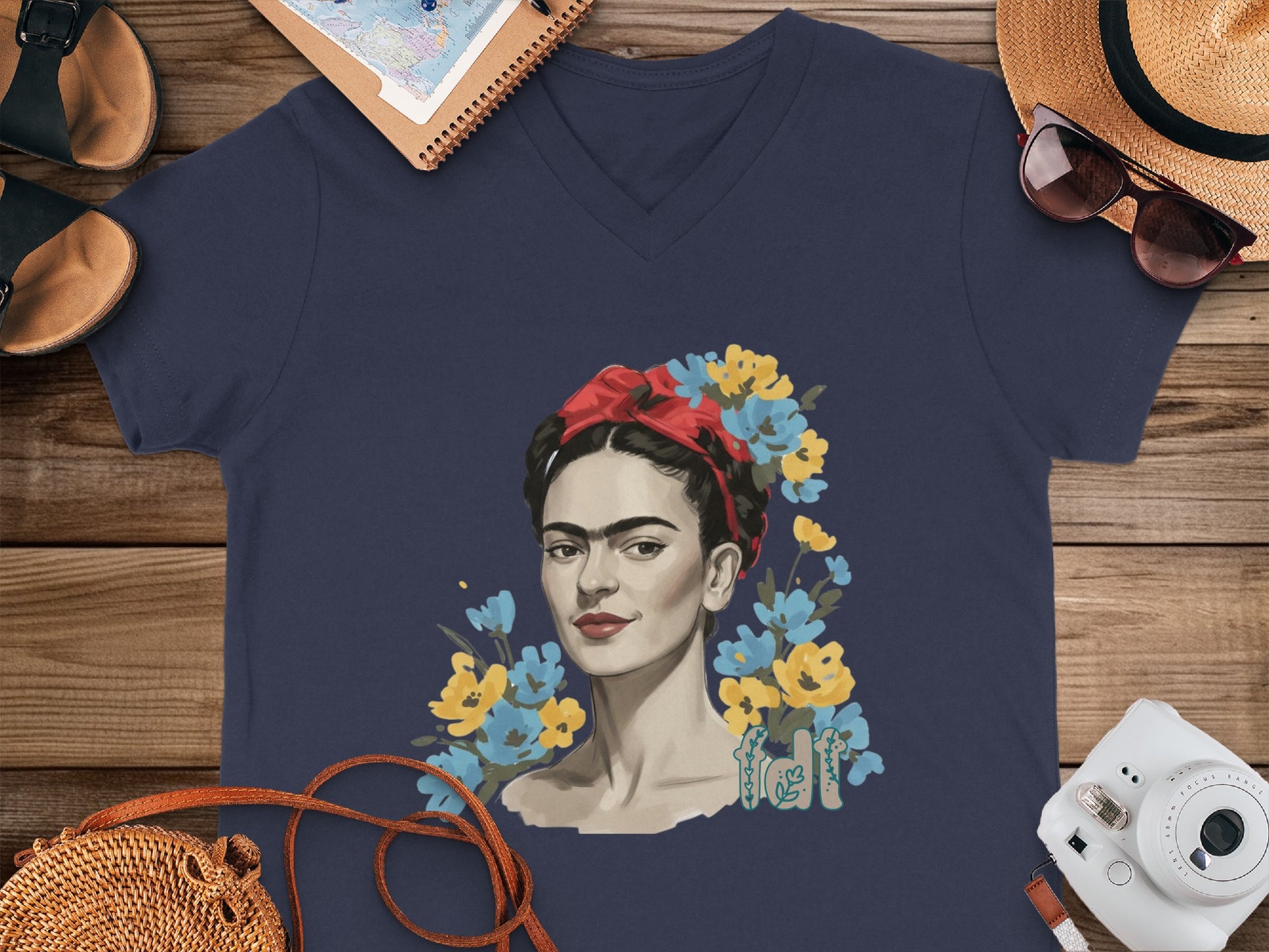 Frida Kahlo Floral Art Print on Navy V-Neck T-Shirt