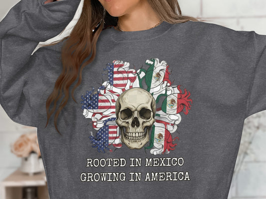 Rooted in Mexico Growing in America Skull Graphic Shirt