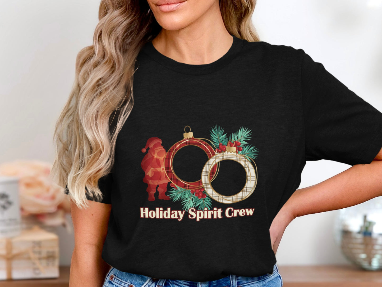 Holiday Spirit Crew Santa and Wreath Graphic Tee
