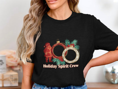 Holiday Spirit Crew Santa and Wreath Graphic Tee
