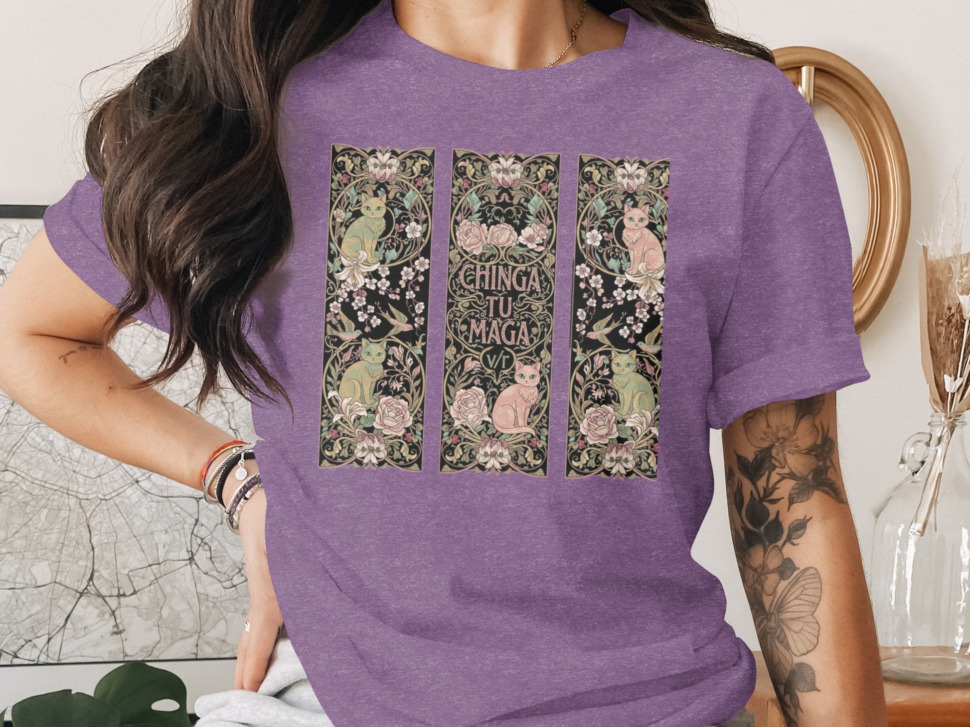 Colorful Floral Cat Graphic Tee Chinga Tu Maga Design