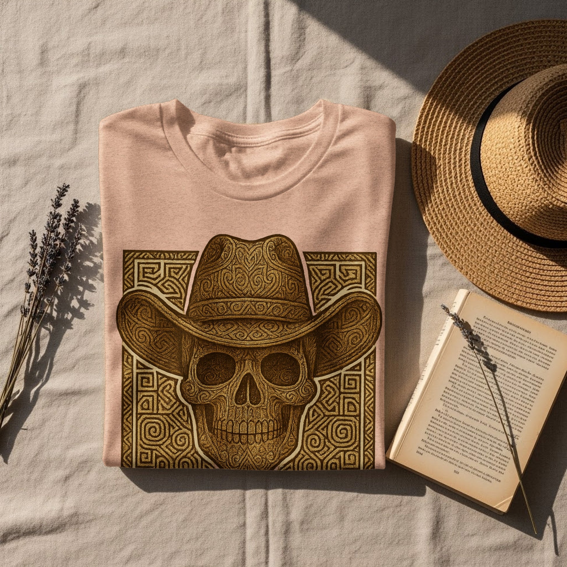 Intricate Cowboy Skull Art on T-Shirt Product