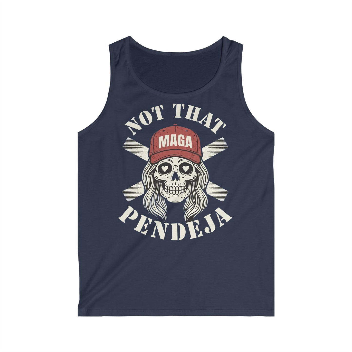 Skull with blonde hair and red baseball cap, "NOT THAT MAGA PENDEJA" text.