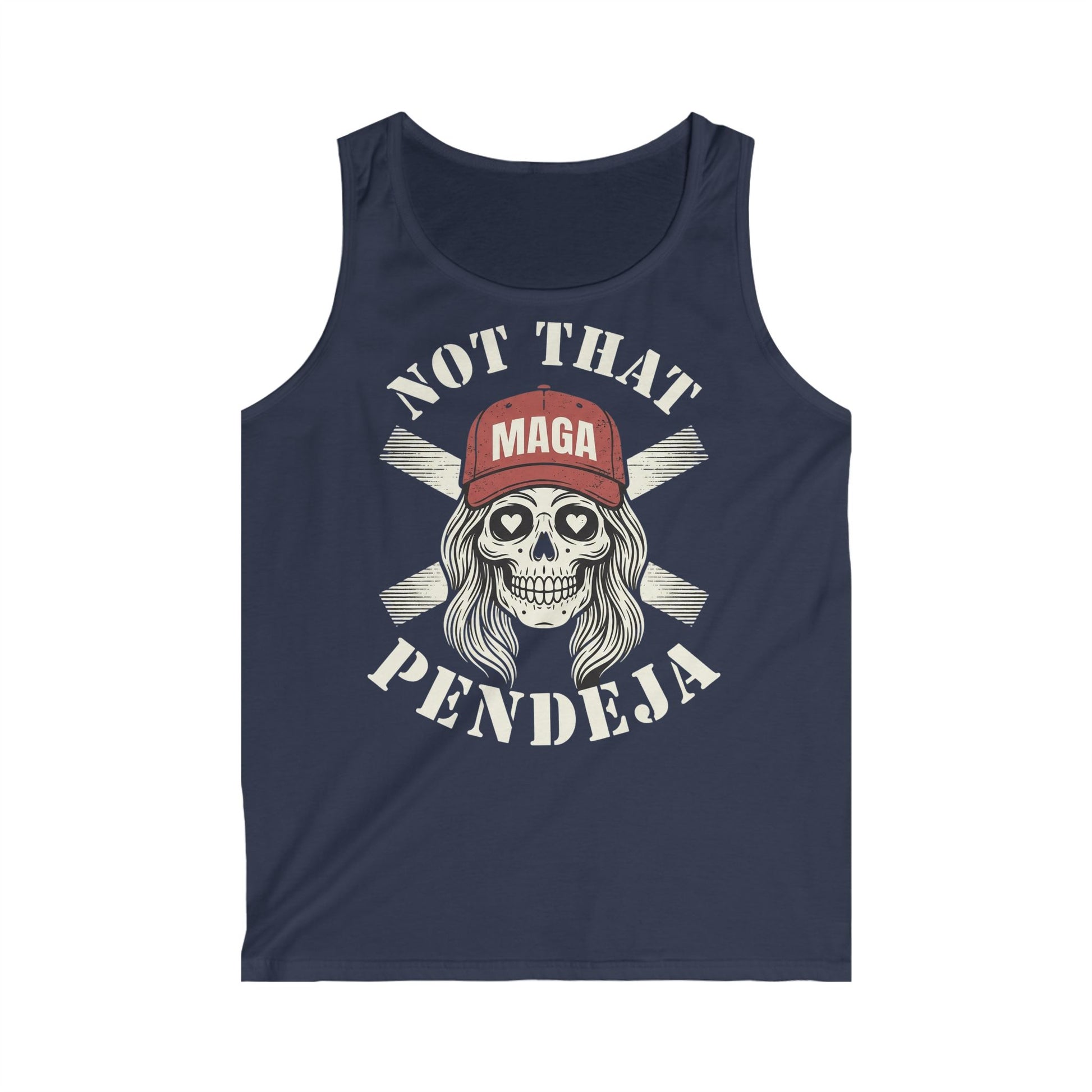 Skull with blonde hair and red baseball cap, "NOT THAT MAGA PENDEJA" text.