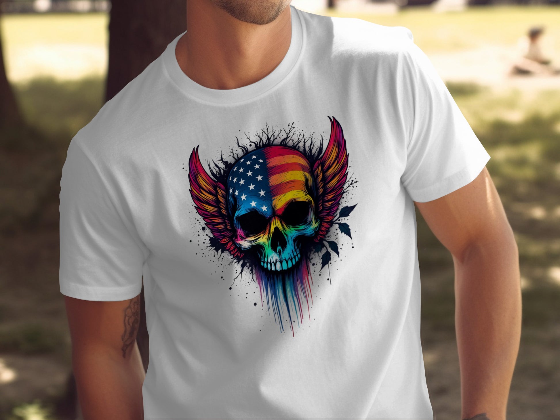 Patriotic Skull with Wings Graphic Printed T-Shirt product