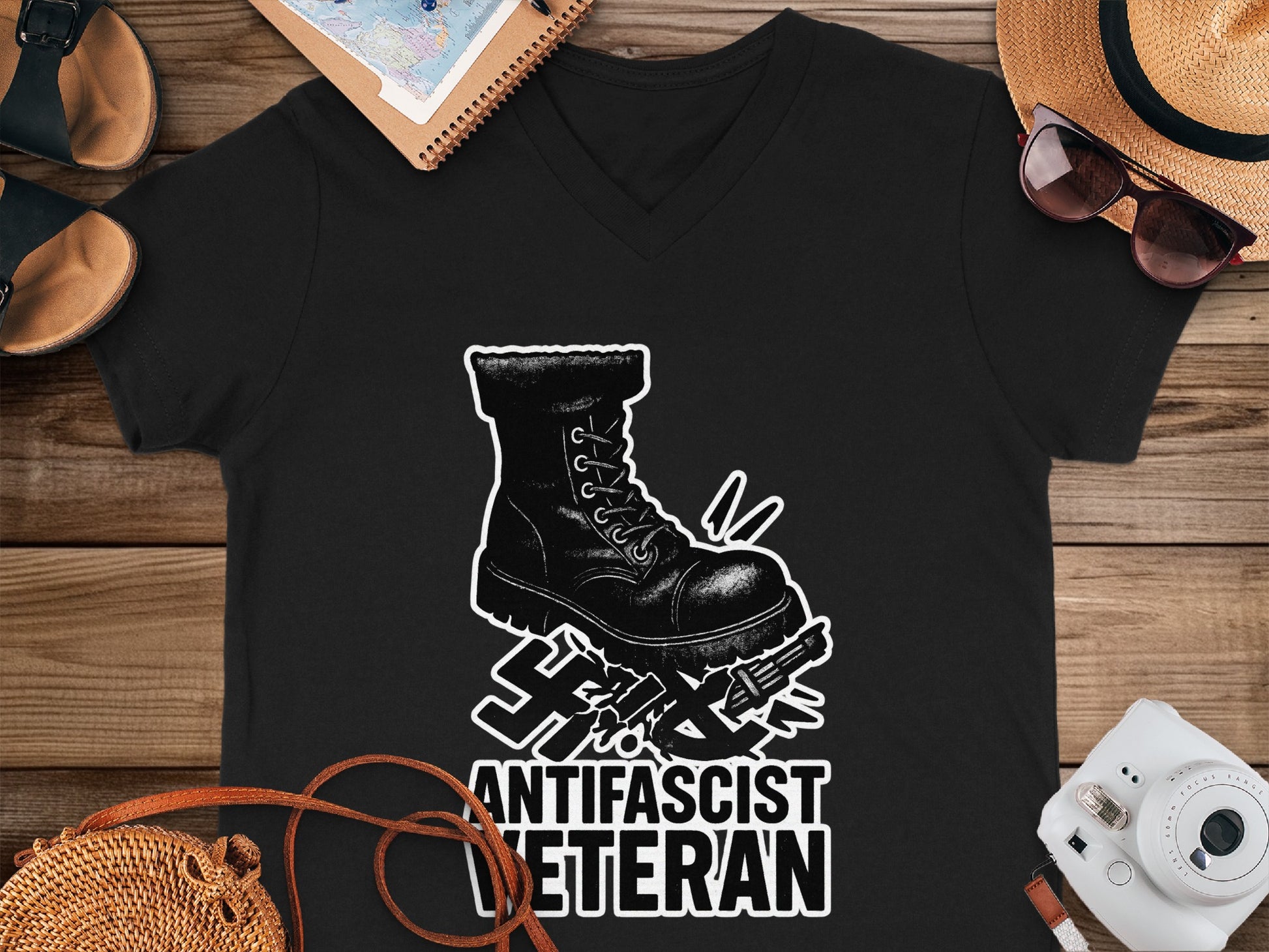 Antifascist Veteran Graphic V-Neck T-Shirt
