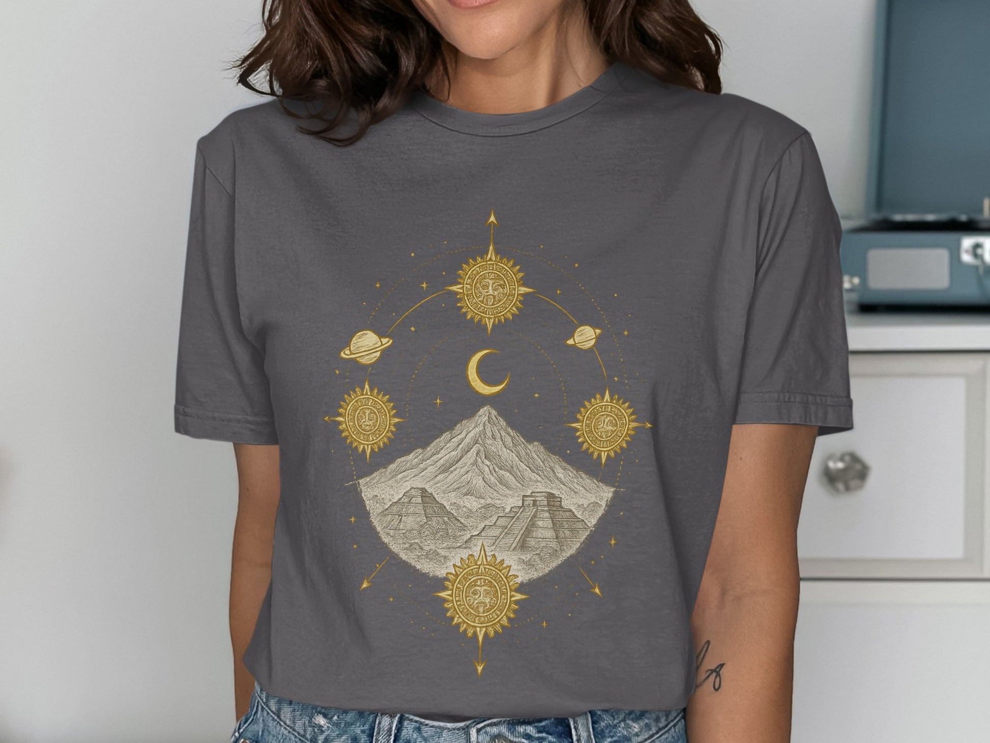 Women's Grey Crop Top with Mountain and Celestial product type