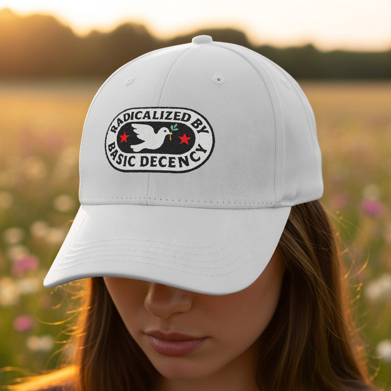 Radicalized by Basic Decency White Cap Hat product
