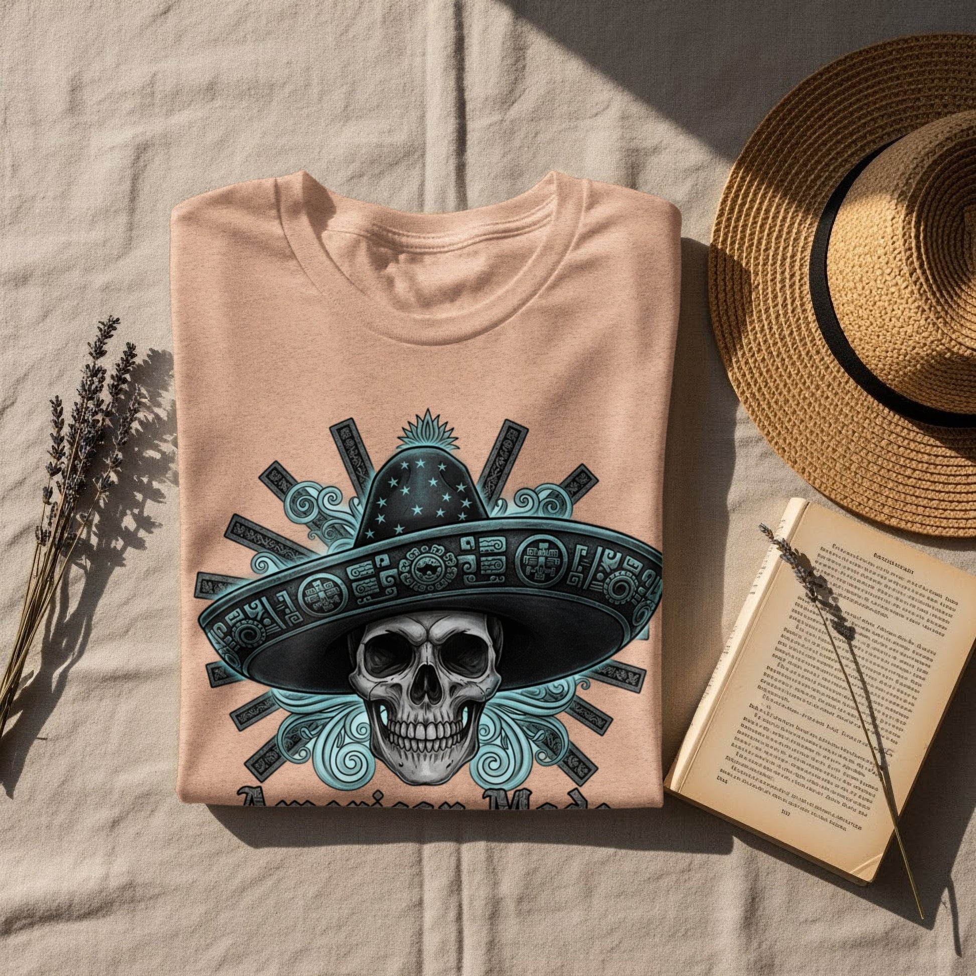 Skull with Sombrero Design Round Neck T-Shirt