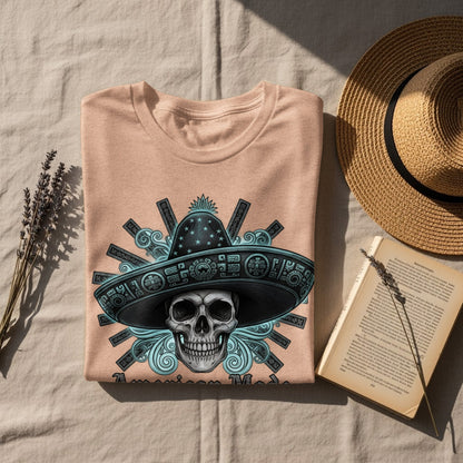 Skull with Sombrero Design Round Neck T-Shirt
