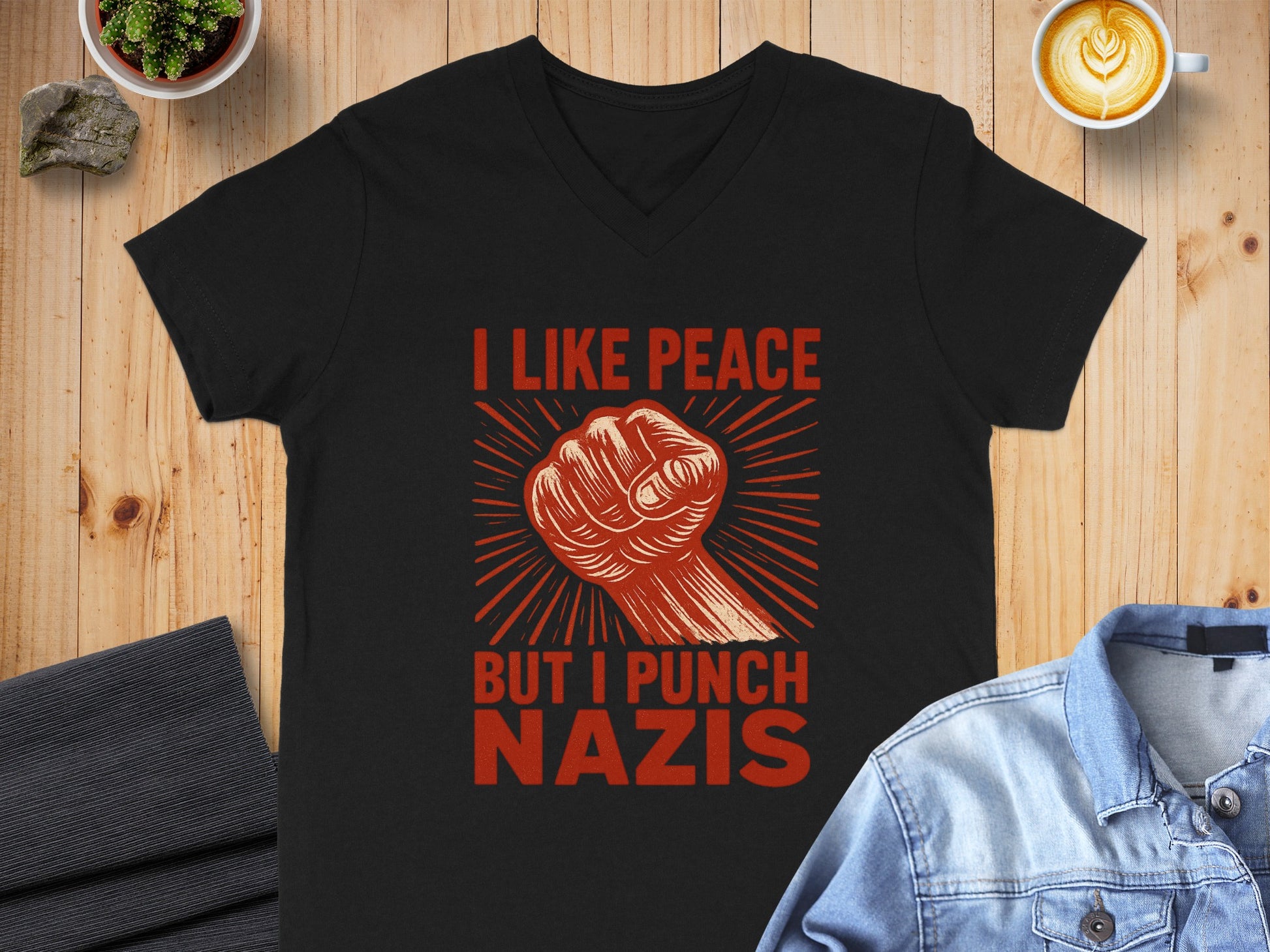 I Like Peace But I Punch Nazis V-Neck T-Shirt