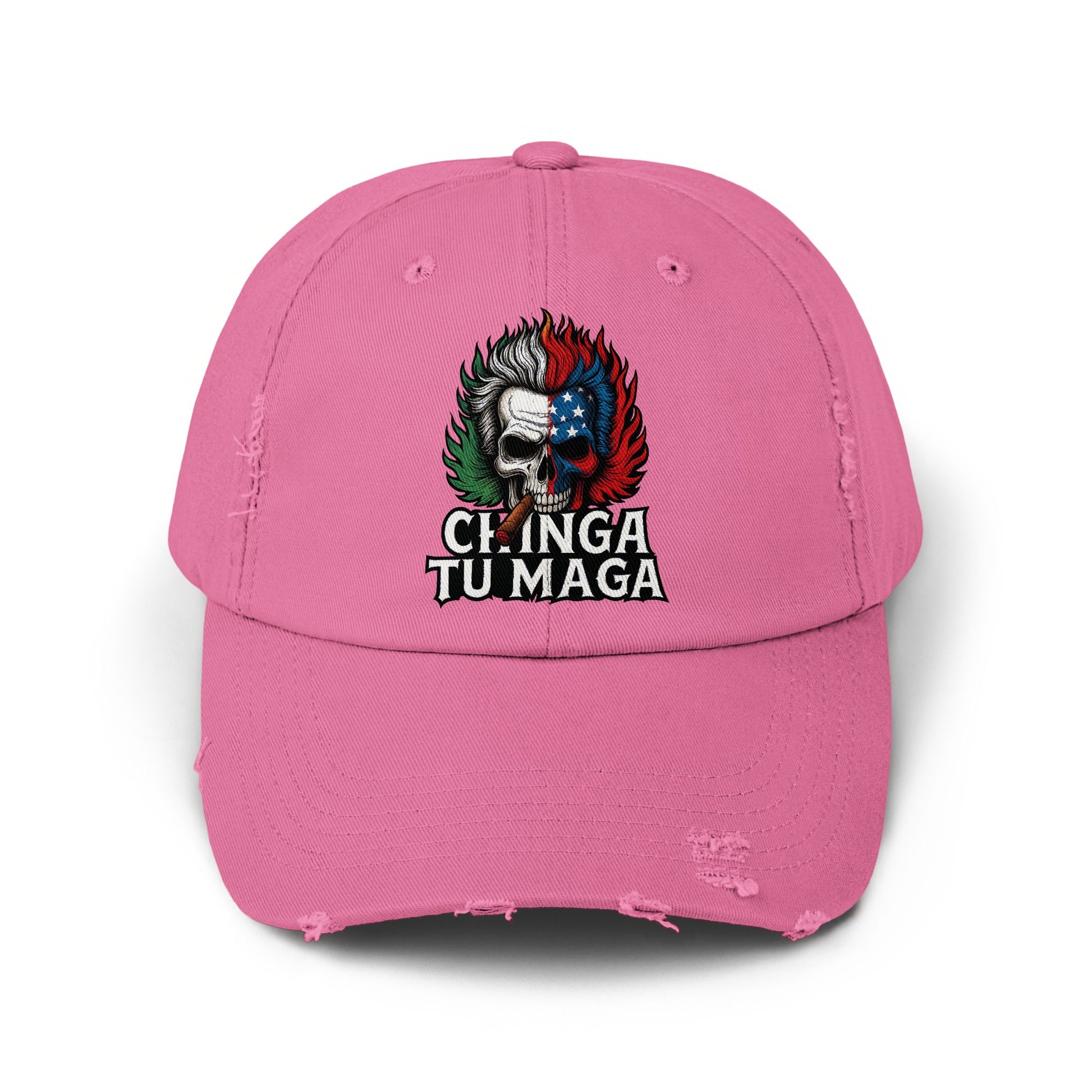 Chinga Tu Maga Embroidered Pink Distressed Hat product