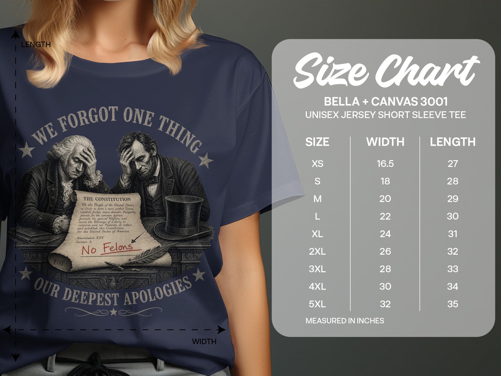 T-shirt with "We forgot one thing. No Felons." text and Constitution graphic.