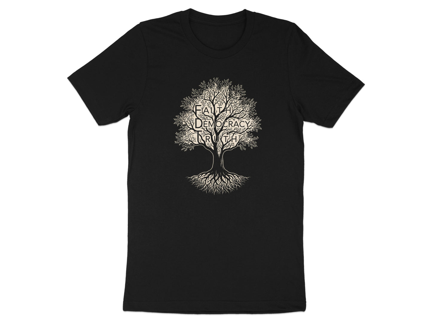Black t-shirt with a stylized tree of life design featuring words in its branches.