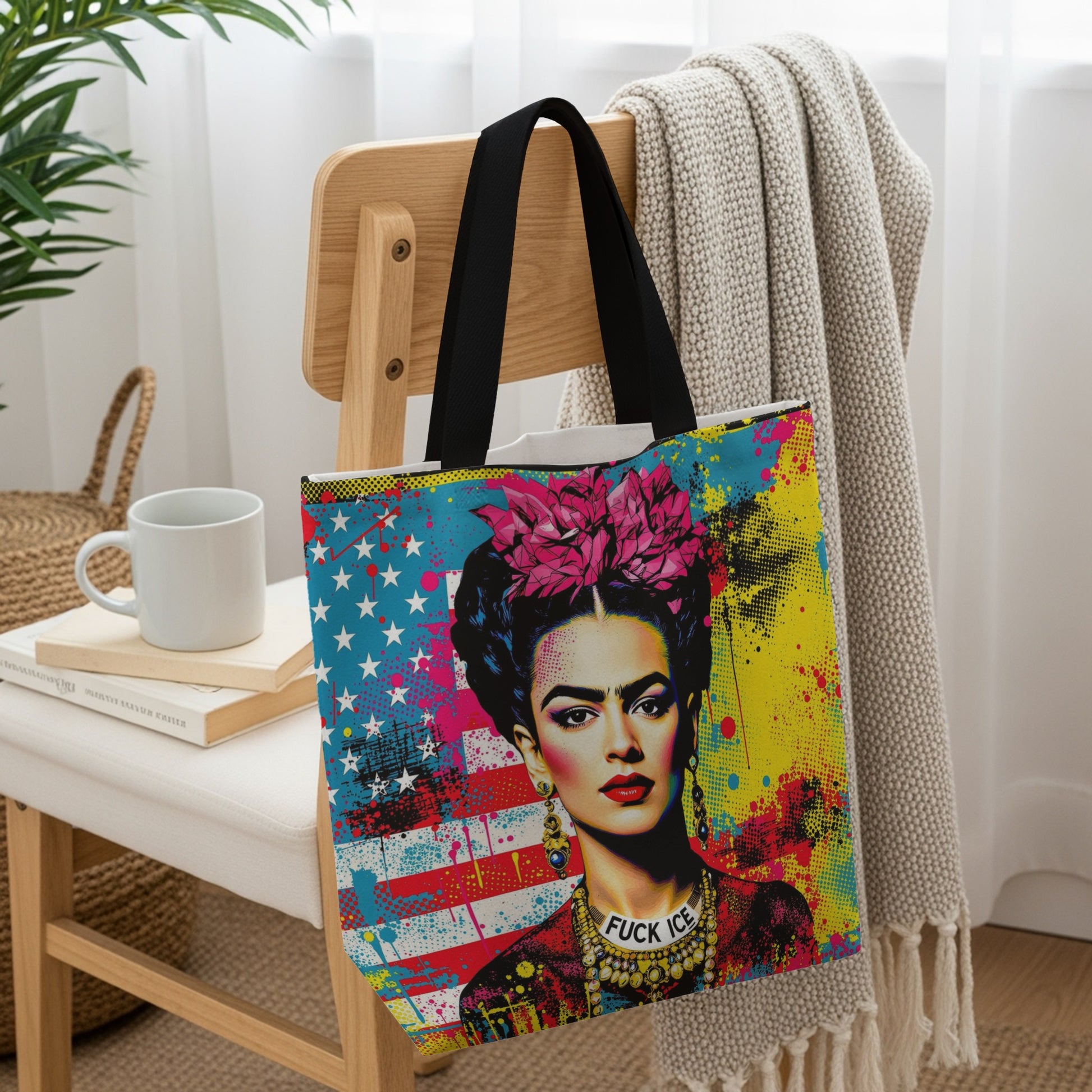 Frida Kahlo tote bag with American flag design and "Fuck Ice" text.