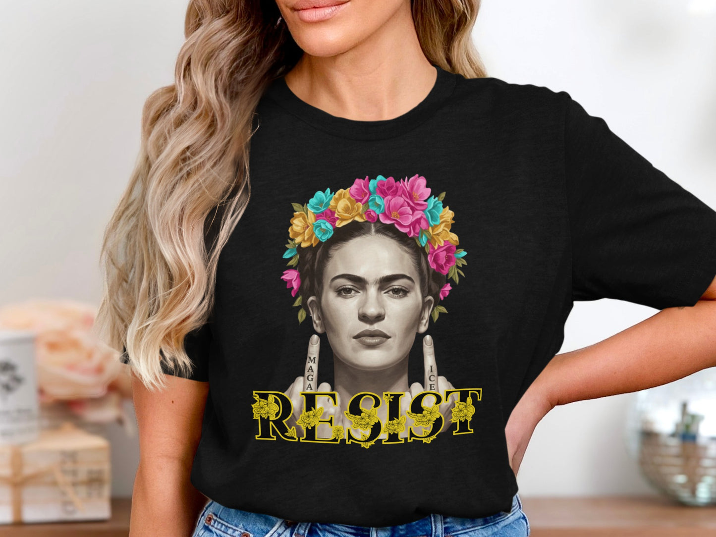 Frida Kahlo Resist Graphic Tee Bold Floral Design