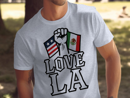 Love LA T-Shirt with Fist and Flags Graphic design product type