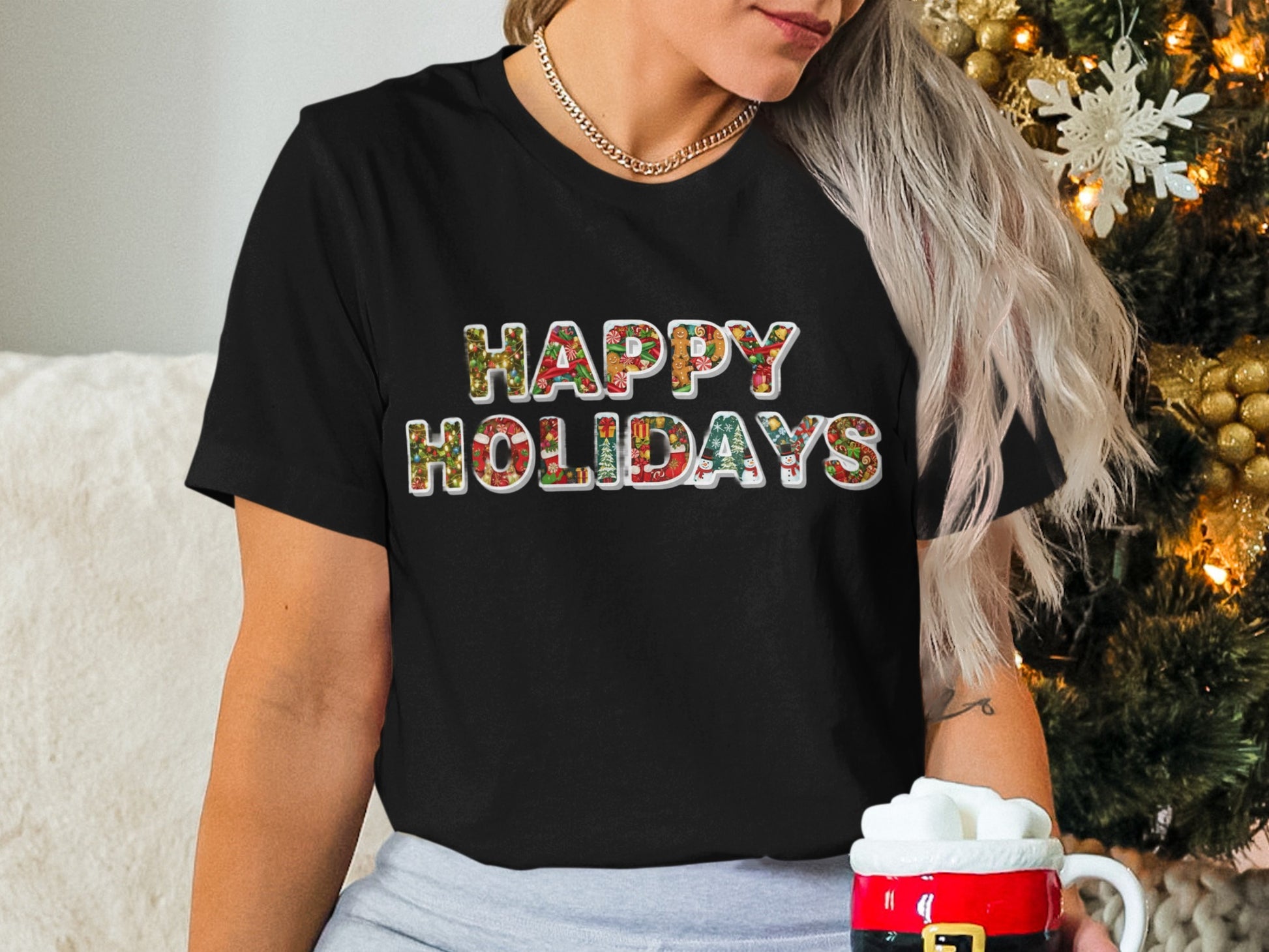 Happy Holidays Graphic Black Tee Shirt