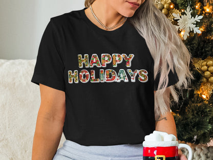 Happy Holidays Graphic Black Tee Shirt