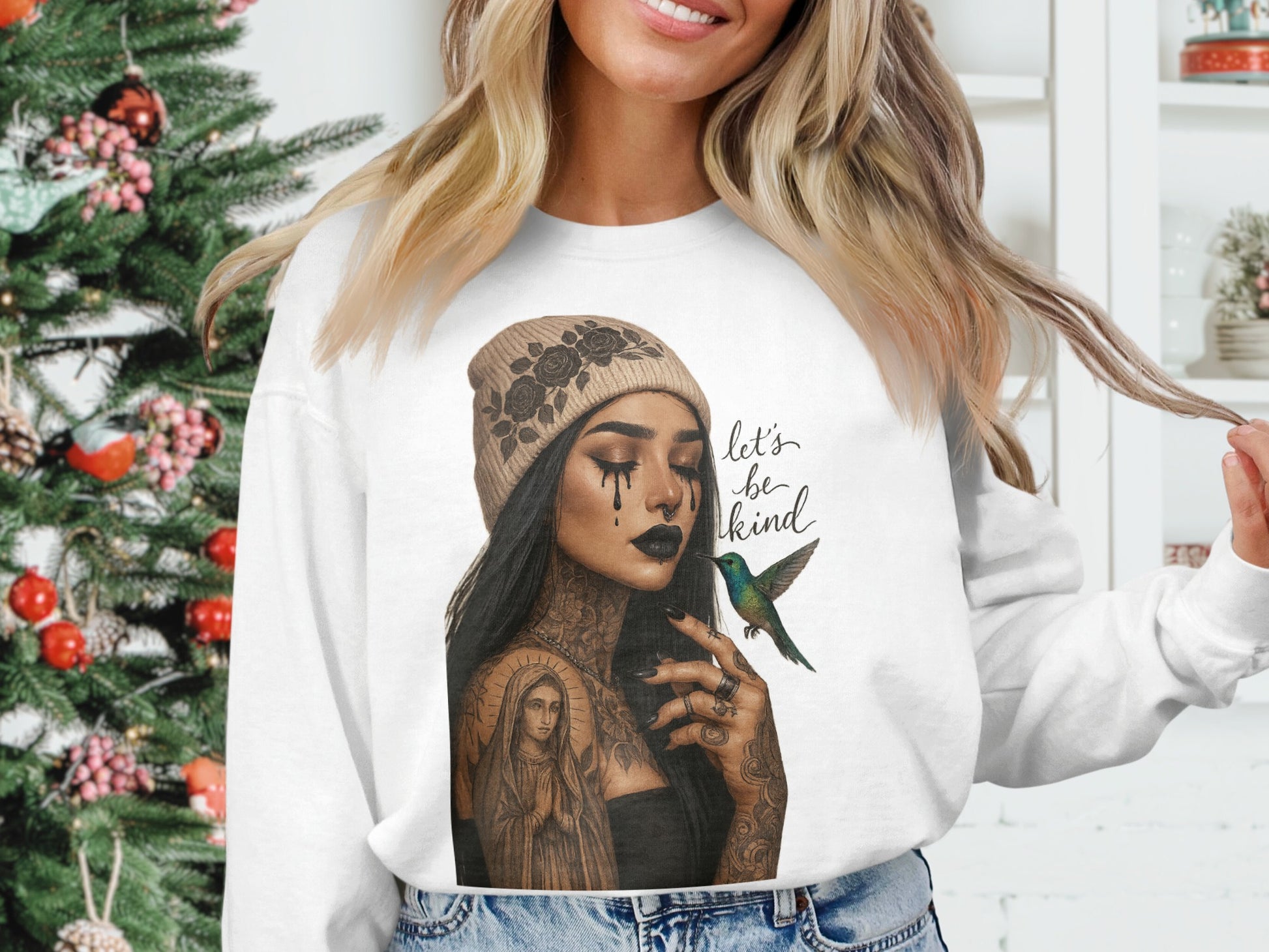 Let's Be Kind Tattooed Woman Christmas Sweatshirt product type