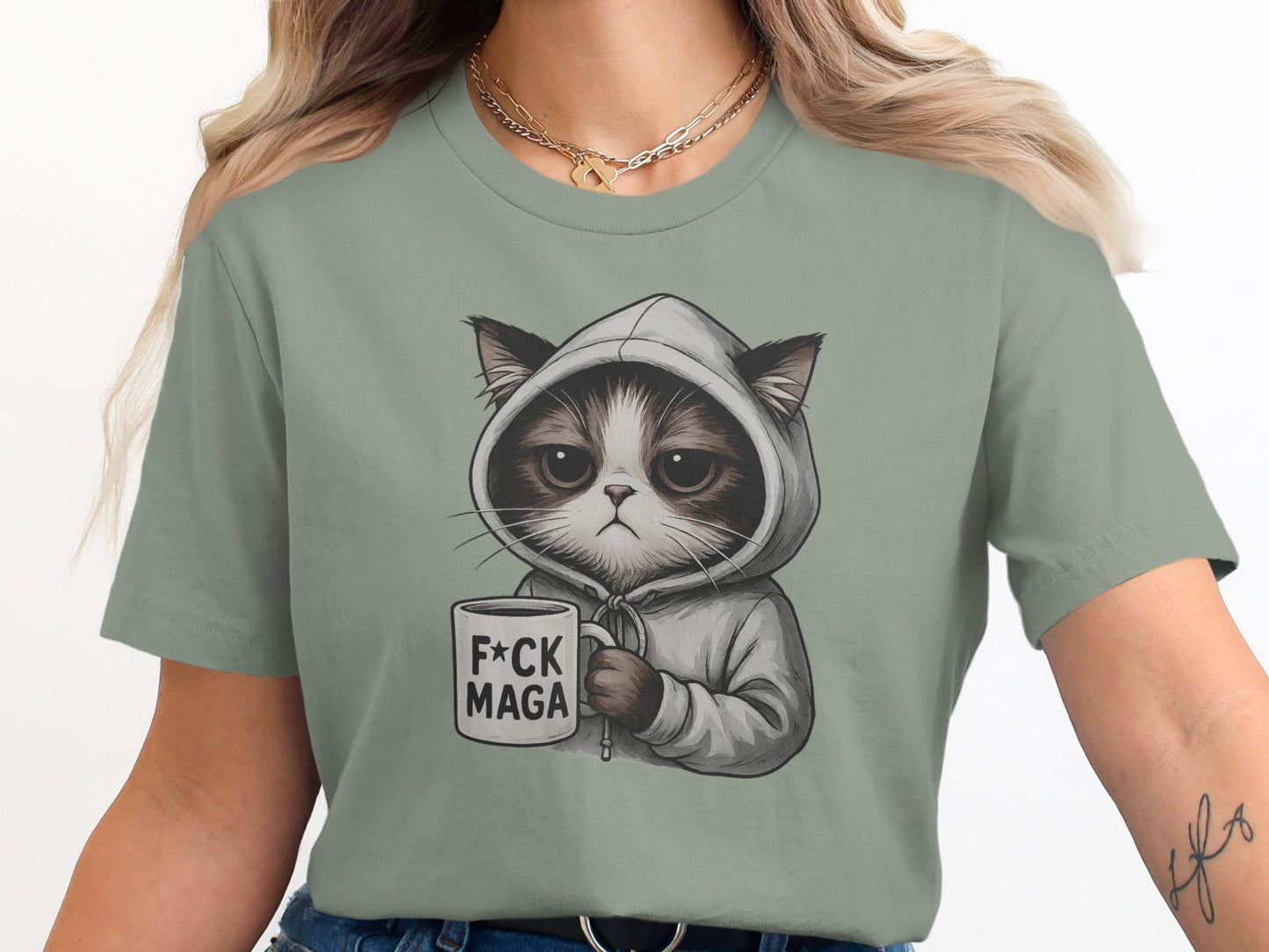 Cat in Hoodie with Coffee Mug Statement Shirt