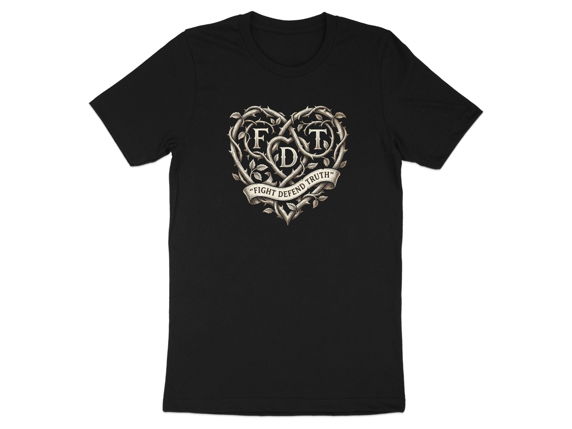 Black t-shirt with heart-shaped "FDT" logo and "Fight Defend Truth" ribbon.