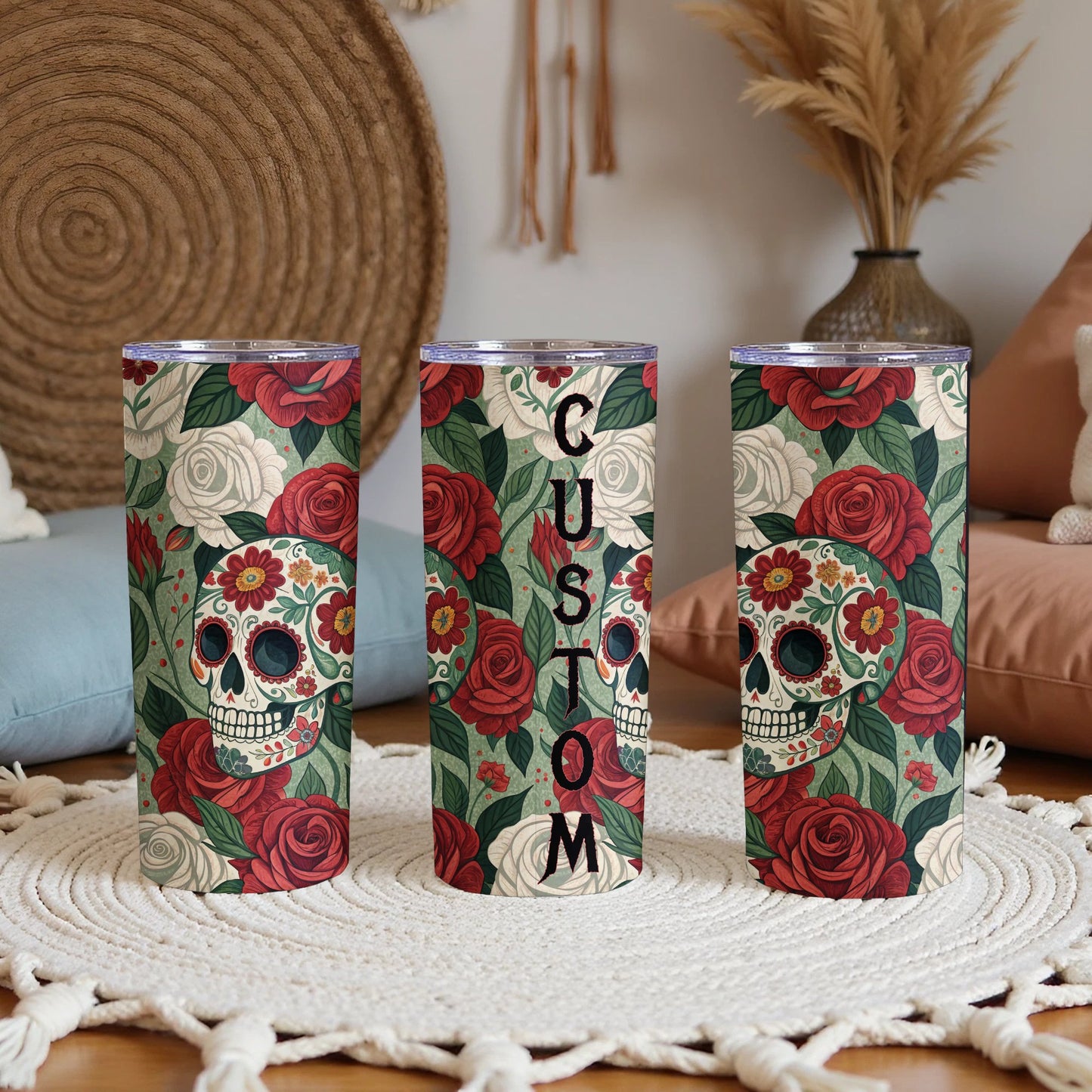 Personalized Sugar Skull and Roses Tumbler product