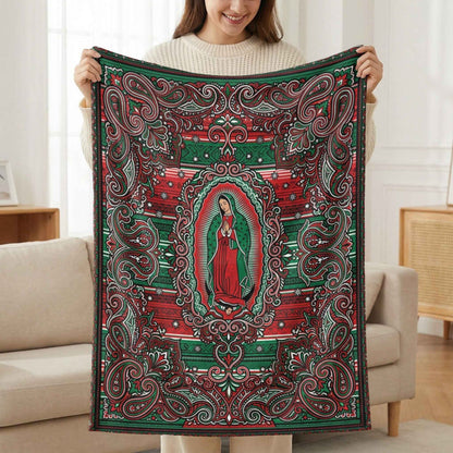 Our Lady of Guadalupe Blankets, Vibrant Red Green Paisley Design, Virgen De Guadalupe Folk Art, Mexican Inspired Throw, Sacred Blankets