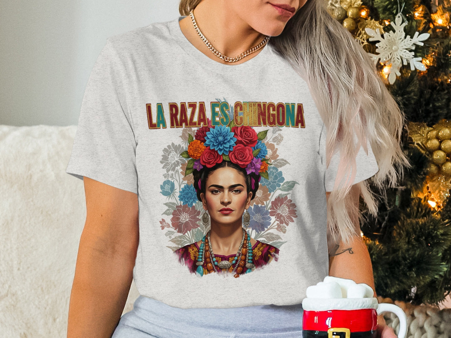 La Raza Es Chingona Colorful Floral Portrait T-Shirt