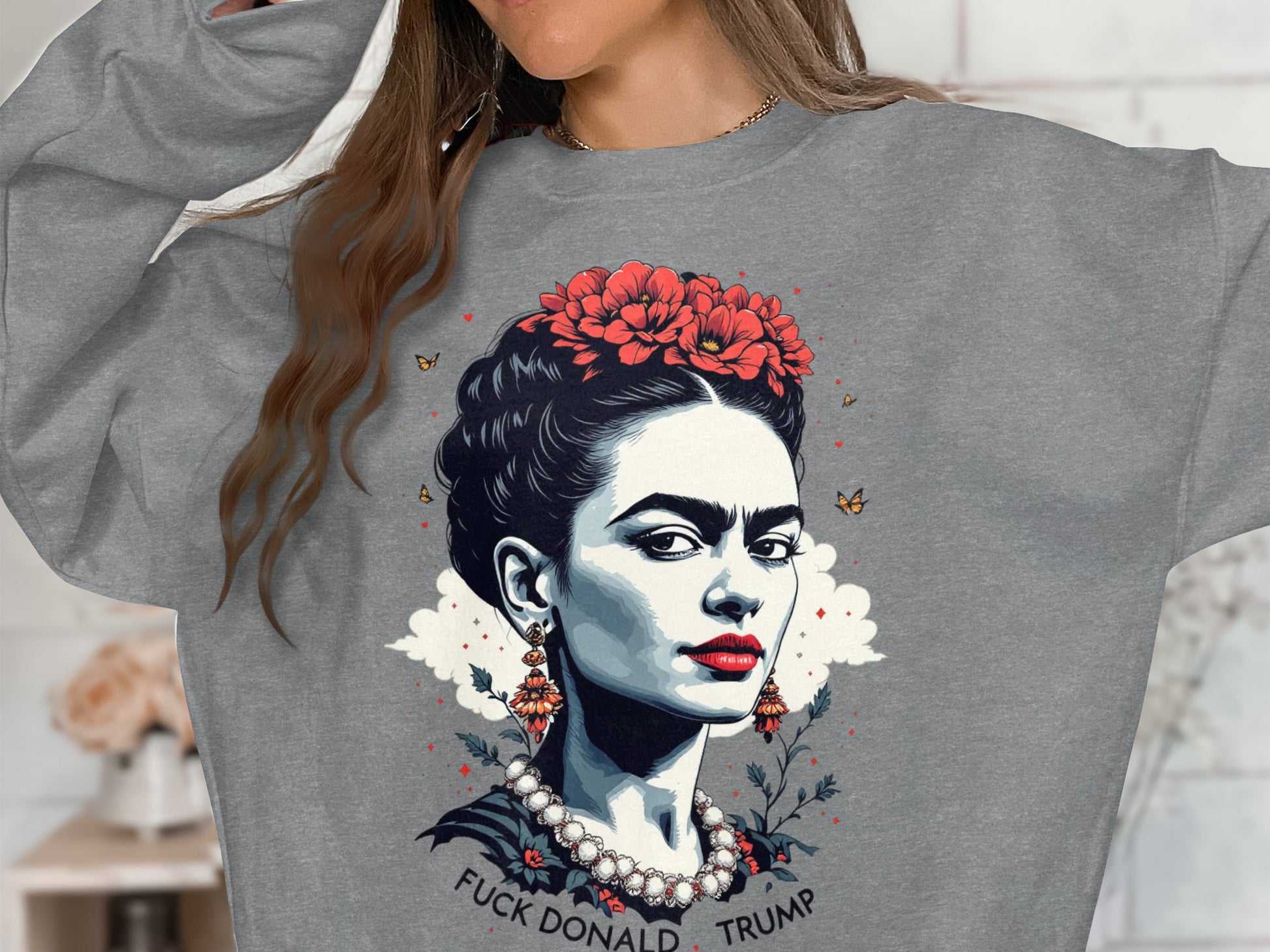 Frida Art Graphic Sweatshirt with Floral Design
