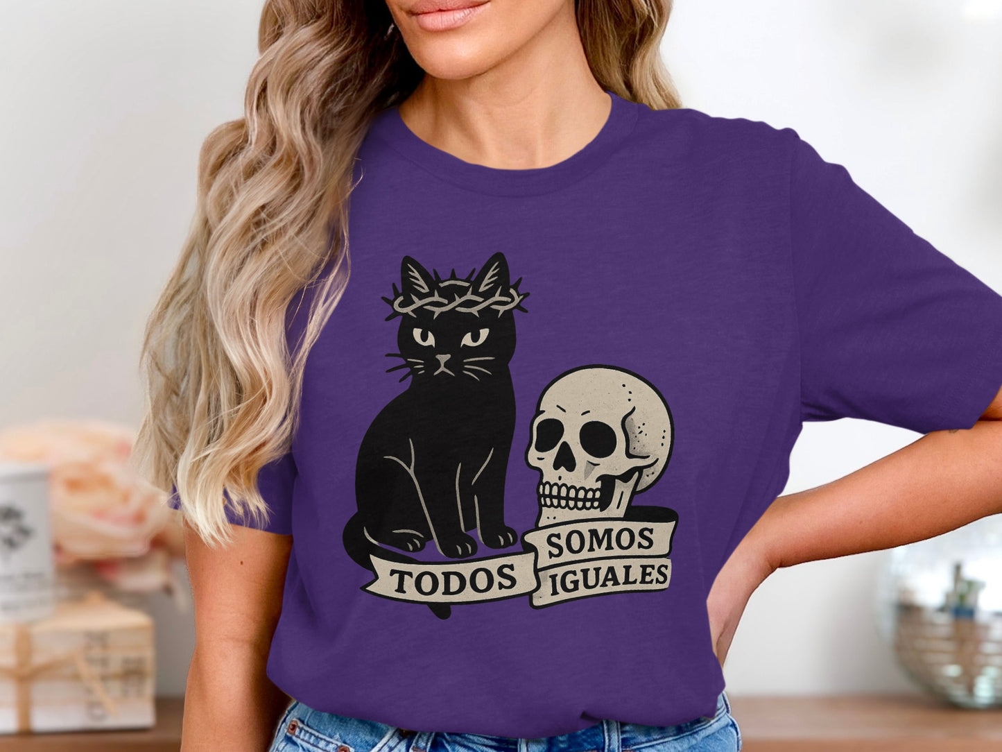 Todos Somos Iguales Cat and Skull Graphic T-Shirt product type