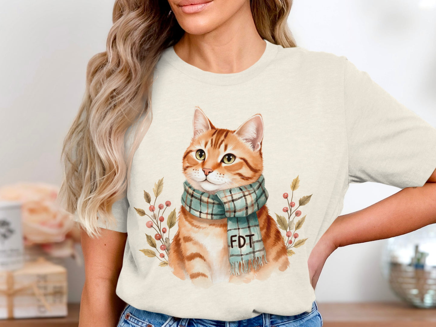 Cute Cat with Scarf and Floral Design Shirt