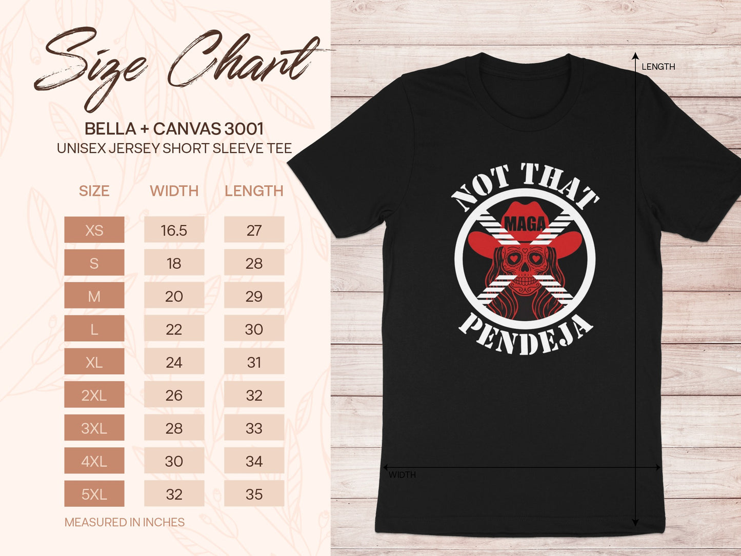 Bella+Canvas unisex t-shirt size chart with measurements for width and length.