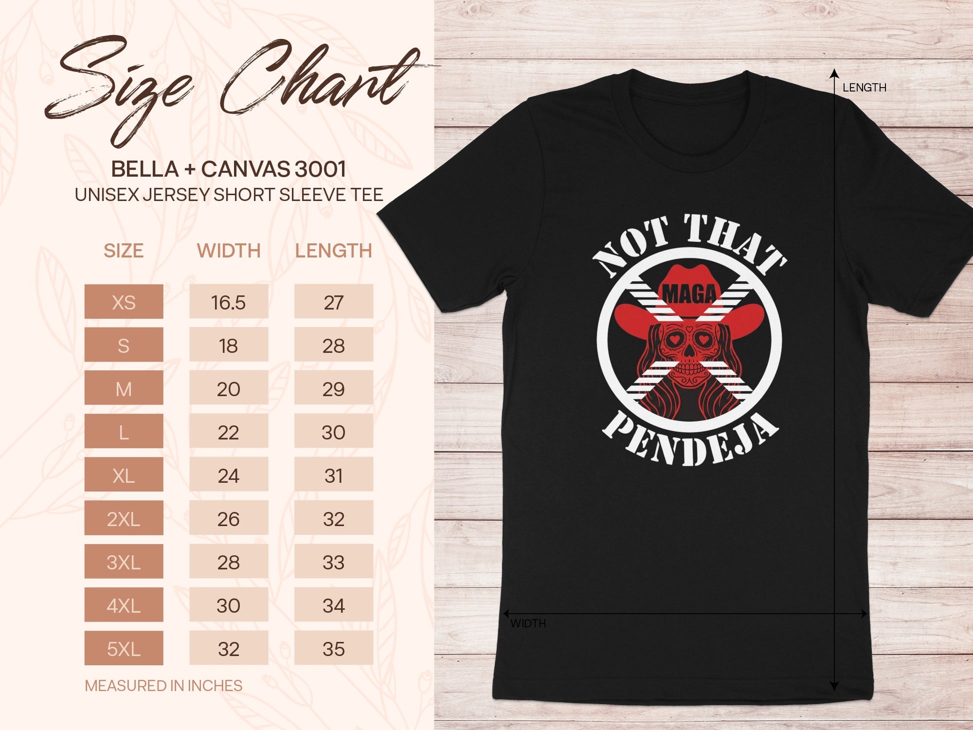 Bella+Canvas unisex t-shirt size chart with measurements for width and length.