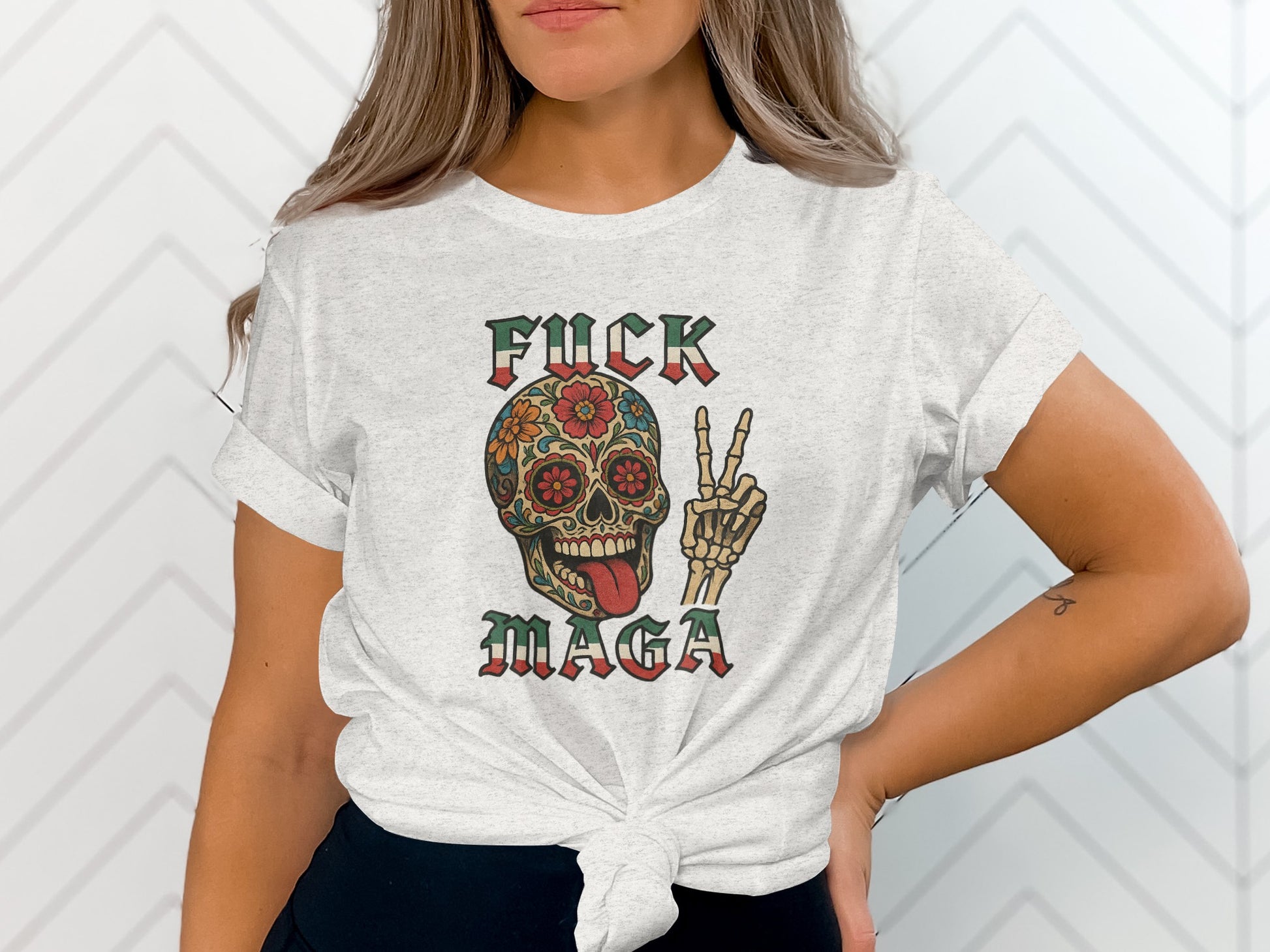 Colorful Skull with Skeleton Hand Graphic T-Shirt